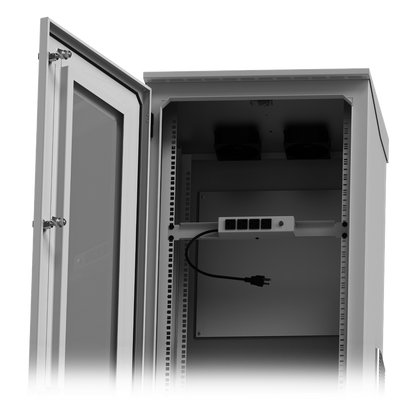 Gabinete de Piso para Exterior con Ventiladores y Termostato con Rack de 19" de 16 U + Espacio para Baterías, Se envía el Gabinete Armado.