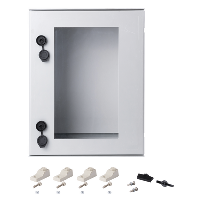 Gabinete de Poliéster IP65 Puerta Transparente, Uso en Intemperie (400 x 500 x 200 mm) con Placa Trasera Interior de Plástico (Incluye Chapa y Llave).