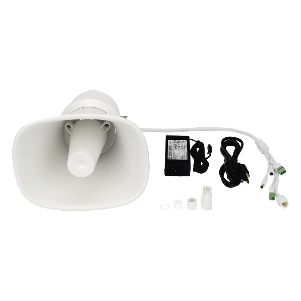 Bocina (Altavoz IP ) | Tipo Trompeta | 25 Watts | No requiere amplificador | 24VCD | Exterior IP67 | Metal | Entrada de alarma | Voceo en tiempo real