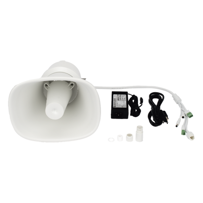 Bocina (Altavoz IP ) | Tipo Trompeta | 25 Watts | No requiere amplificador | 24VCD | Exterior IP67 | Metal | Entrada de alarma | Voceo en tiempo real