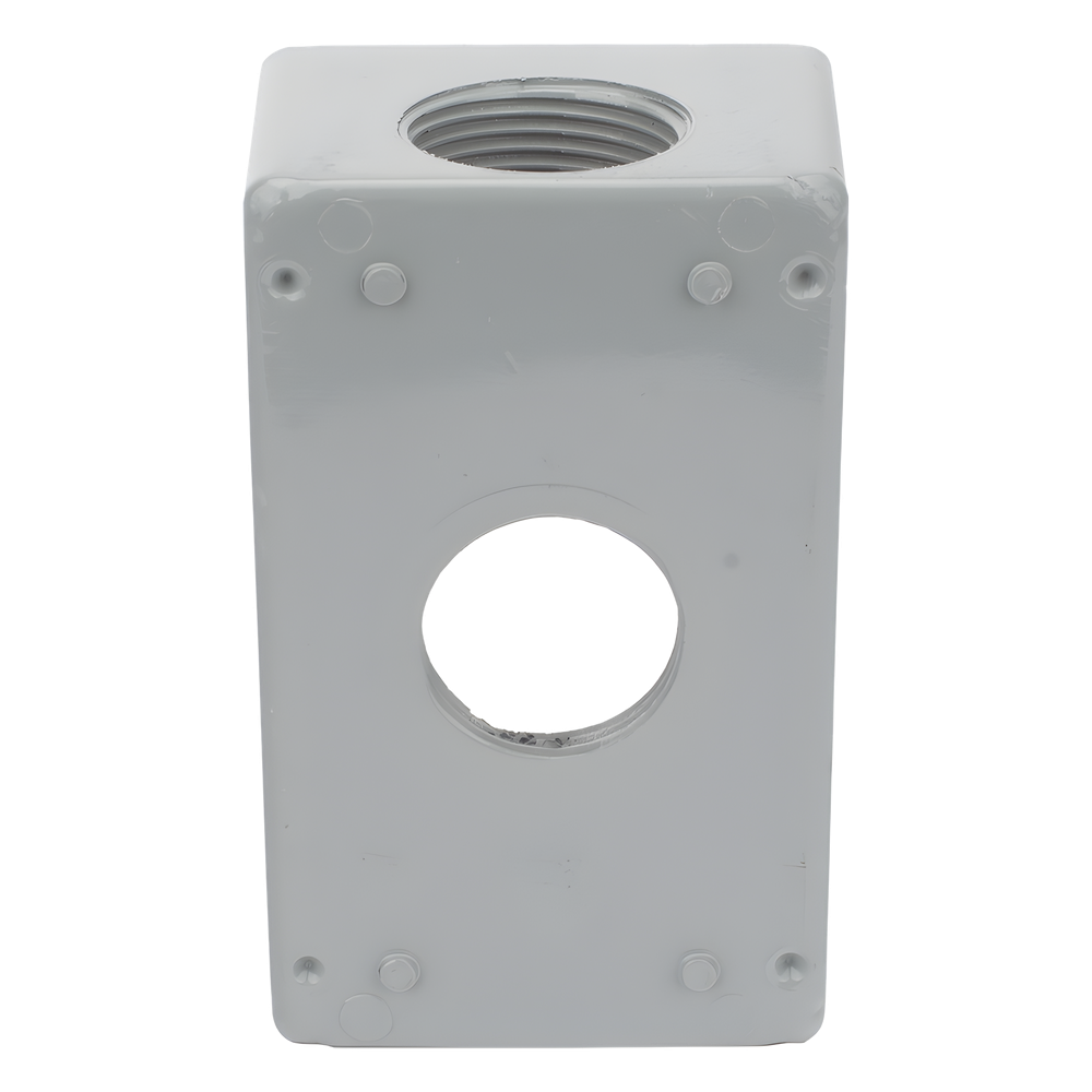 Caja Condulet FS de 1" (25.4 mm ) con tres bocas una arriba y una atrás a prueba de intemperie.