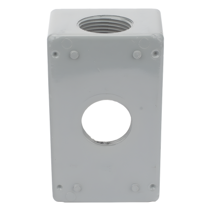 Caja Condulet FS de 1" (25.4 mm ) con tres bocas una arriba y una atrás a prueba de intemperie.