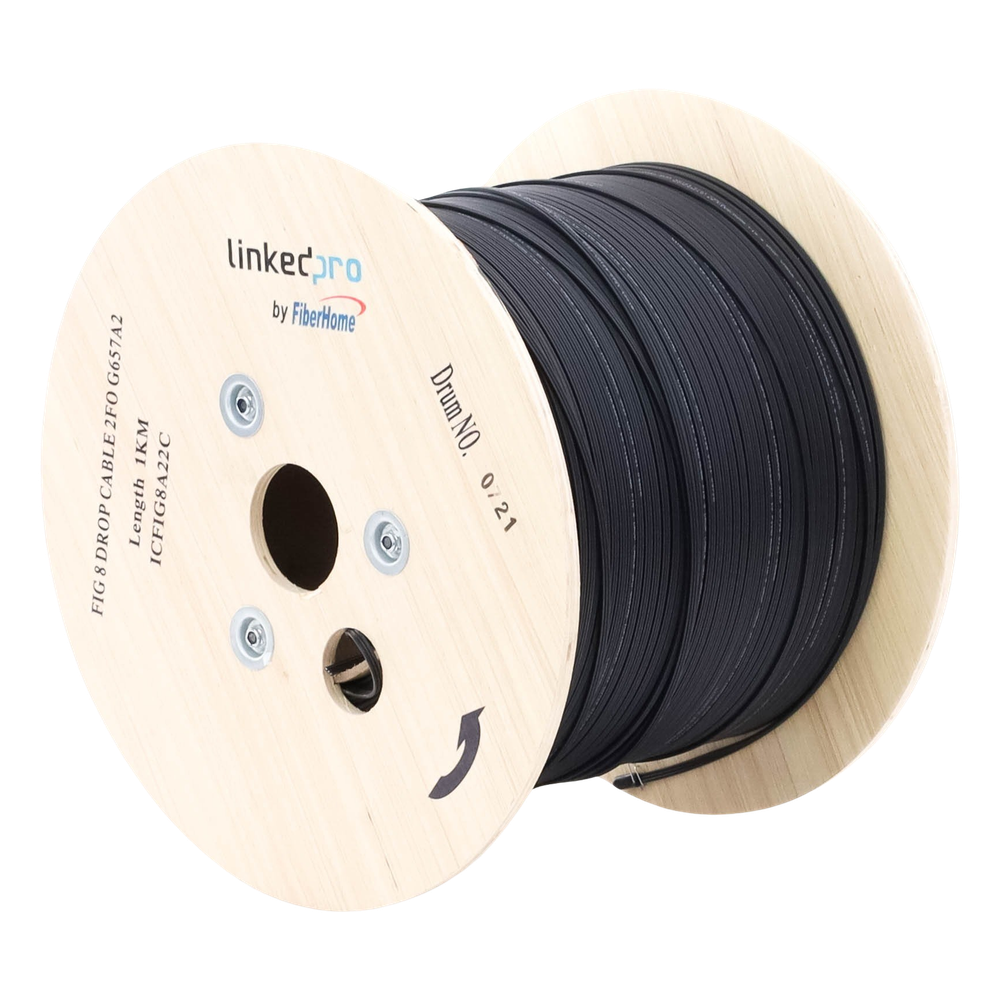 Carrete de 1 km de Fibra Óptica Aérea Mini Figura 8 G.657A2 Tipo Drop, Monomodo de 2 Hilos (Bifibra), Diseñada para Fusionarse, Color Negro, Span 80