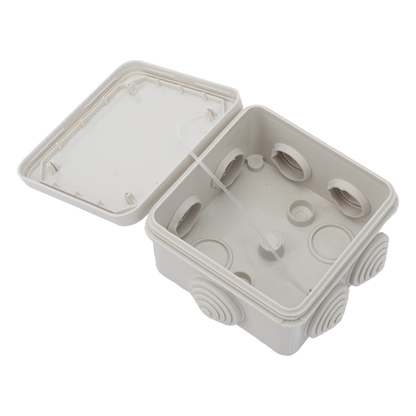 Caja Estanca, Derivación, Conexión de Plástico (89 X 89 X 50 mm) con 7 Glándulas de Goma. Para Instalaciones Comerciales, Residenciales e