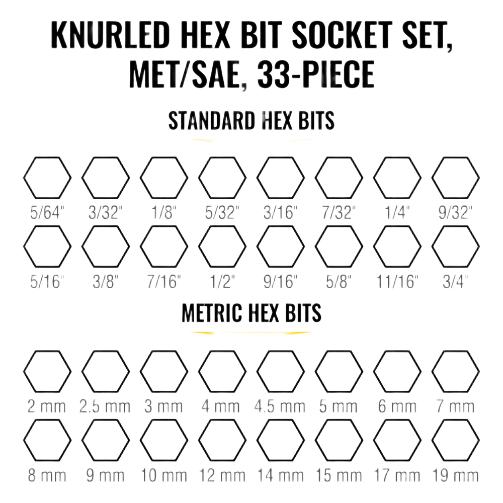 Juego de Dados Moleteados / SAE-Métrico-Hex-Torx® / 32 Piezas / Acabado Moleteado para Mejor Agarre / Marcado en Relieve / Incluye Llaves Cuadradas