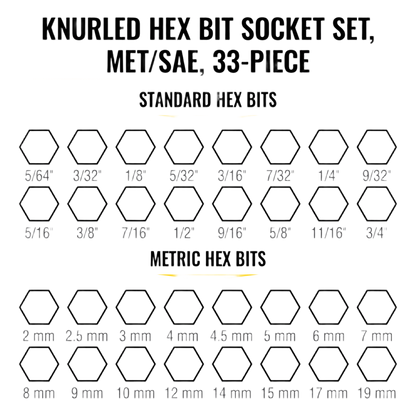 Juego de Dados Moleteados / SAE-Métrico-Hex-Torx® / 32 Piezas / Acabado Moleteado para Mejor Agarre / Marcado en Relieve / Incluye Llaves Cuadradas