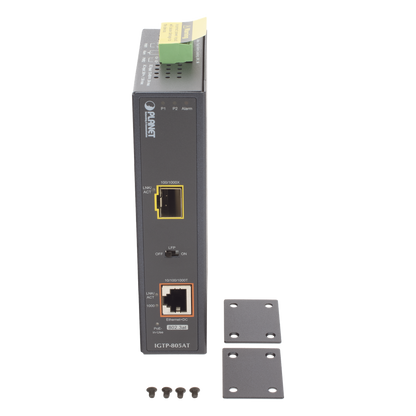 Convertidor de Medios PoE Industrial, Puerto SFP 1000BASE-SX/LX a Puerto RJ45 Gigabit con Salida PoE 802.3at (Hasta 30 W).