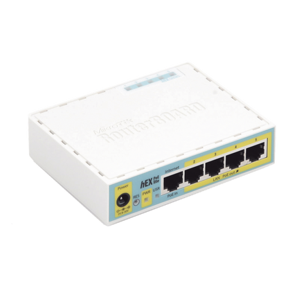 (hEX PoE LITE) RouterBoard, 5 Puertos Fast Ethernet, 4 con PoE Pasivo, 1 Puerto USB
