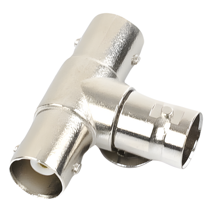 Adaptador en T para 75 Ohm de triple conectores BNC Hembras, Níquel/ Oro/ Teflón.