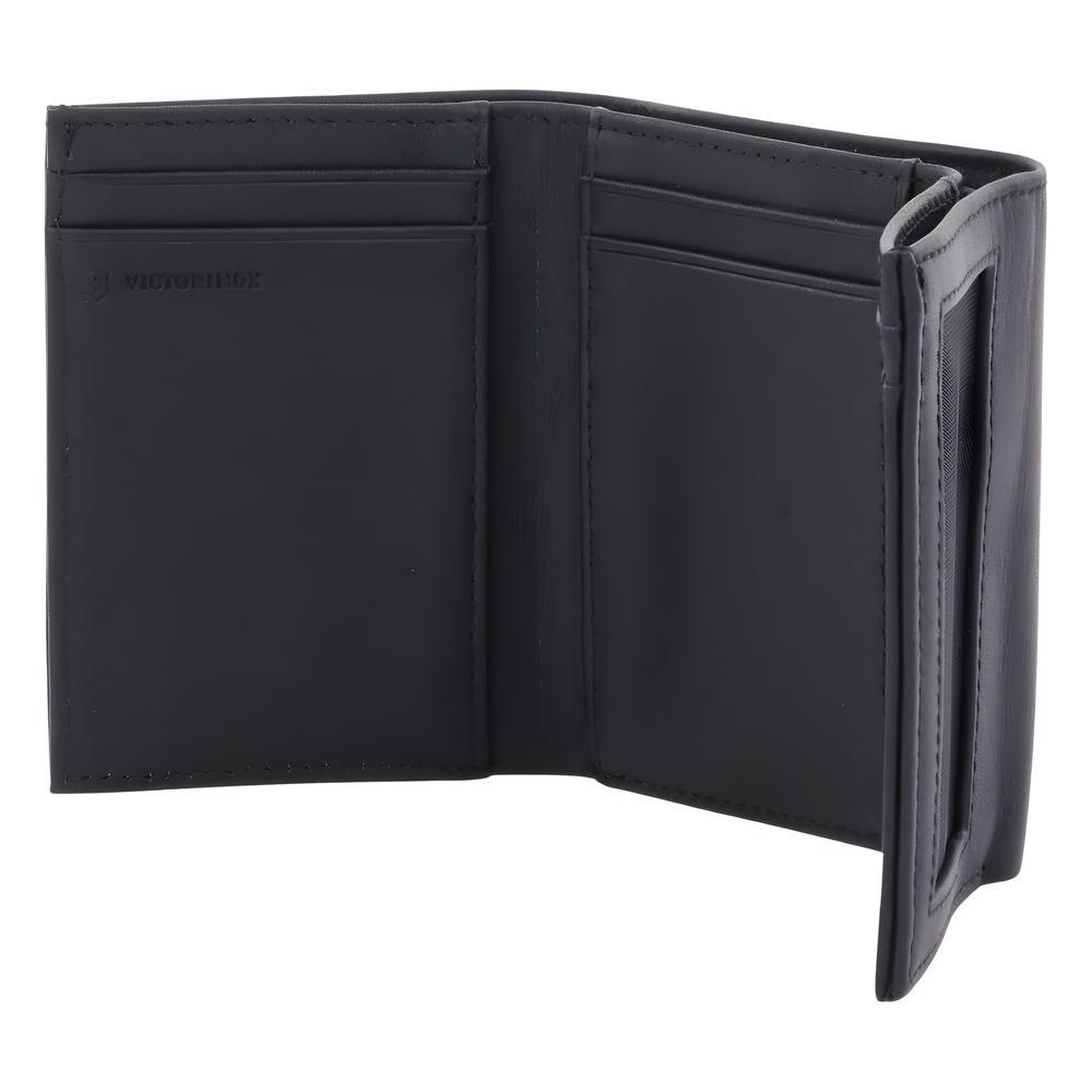 Cartera Athens Negra de Piel con Compartimento de Micromalla para ID. Doblable en 3 Partes con Divisor de Billetes. Pocket Wallet