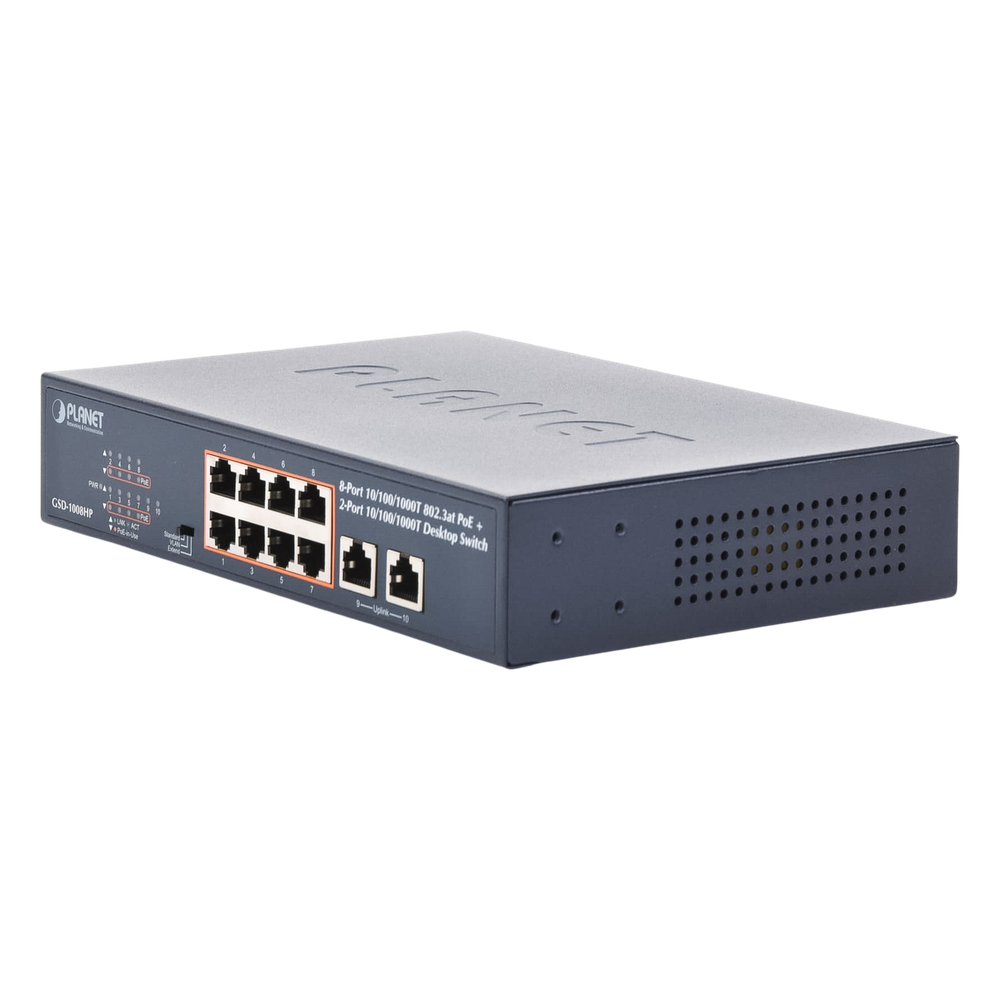 Switch de Escritorio No Administrable / 8 Puertos 10/100/1000T PoE+ 802.3at / 2 Puertos Uplink 10/100/1000T / Presupuesto PoE 120 Watts / Modos