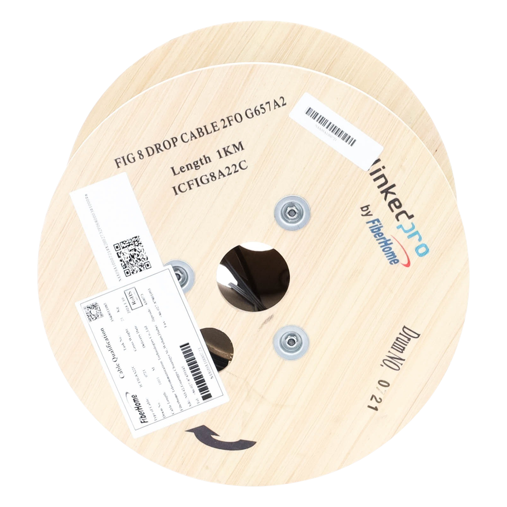 Carrete de 1 km de Fibra Óptica Aérea Mini Figura 8 G.657A2 Tipo Drop, Monomodo de 2 Hilos (Bifibra), Diseñada para Fusionarse, Color Negro, Span 80