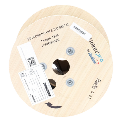 Carrete de 1 km de Fibra Óptica Aérea Mini Figura 8 G.657A2 Tipo Drop, Monomodo de 2 Hilos (Bifibra), Diseñada para Fusionarse, Color Negro, Span 80
