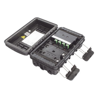 Caja de Distribución de Fibra Óptica para 24 Empalmes, con 8 acopladores SC/APC simplex, Exterior IP65, Color Negro