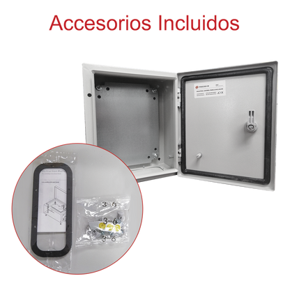Gabinete de Acero IP66 Uso en Intemperie (400 x 400 x 200 mm) con Placa Trasera Interior de Metal y Compuerta Inferior Atornillable (Incluye Chapa y