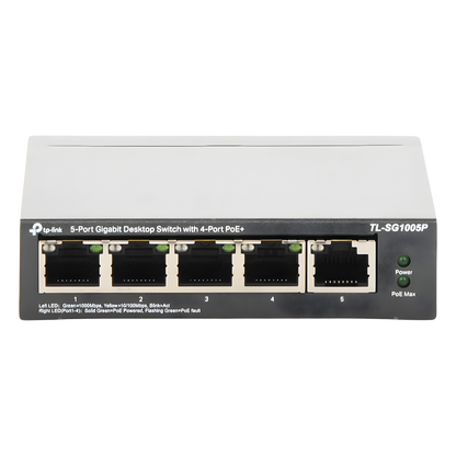 Switch Escritorio No Administrable de 5 puertos 10/100/1000 Mbps / Con 4 puertos PoE 802.3af/at de hasta 65 W / PoE Extendido hasta 250 metros