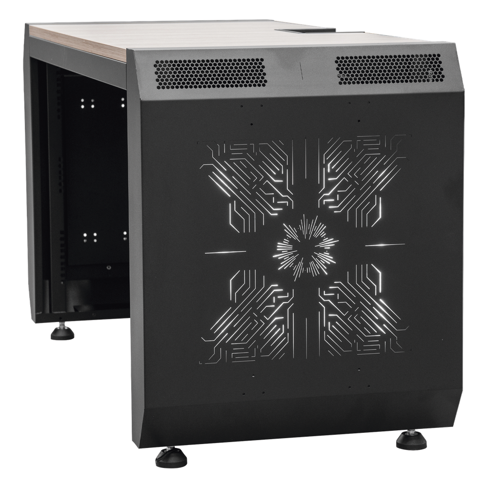 Consola Profesional para Monitoreo o Computo | Ranura para Base de Monitores | Microperforaciones | Luces LED Decorativas | Tomacorriente HTCM1U10C |