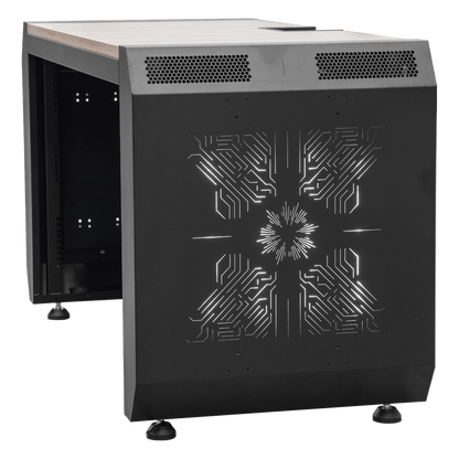 Consola Profesional para Monitoreo o Computo | Ranura para Base de Monitores | Microperforaciones | Luces LED Decorativas | Tomacorriente HTCM1U10C |