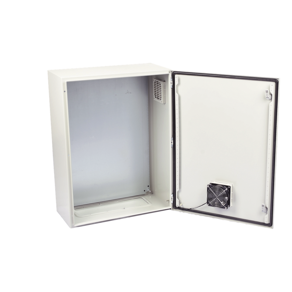 Gabinete Ventilado de Acero IP55 Uso en Exterior (600 x 800 x 300 mm) con Placa Trasera Interior Metálica y Compuerta Inferior Atornillable. Incluye