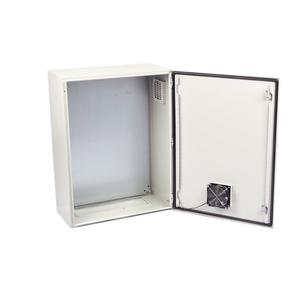 Gabinete Ventilado de Acero IP55 Uso en Exterior (600 x 800 x 300 mm) con Placa Trasera Interior Metálica y Compuerta Inferior Atornillable. Incluye