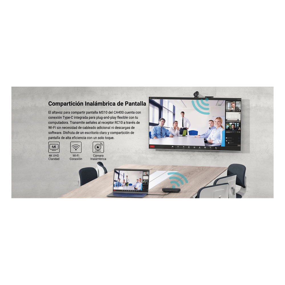 Sistema Videoconferencia 4K Todo en Uno / Cámara 8MP + Altavoz 3W / Micrófono 8 Filas / USB Type-C BYOD / Transmisión Inalámbrica 4K / Salas hasta 32