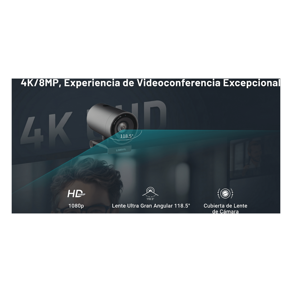 Sistema Videoconferencia 4K Todo en Uno / Cámara 8MP + Altavoz 3W / Micrófono 8 Filas / USB Type-C BYOD / Transmisión Inalámbrica 4K / Salas hasta 32