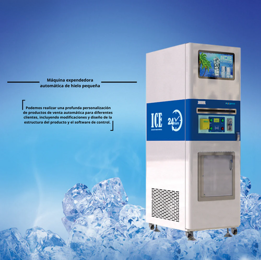 Maquina Expendedora de Hielo 140Kg con con dispensador de Bolsa SEMIautomático, filtro, Moneda, Tarjeta, Billetes y sistema de configuracion local