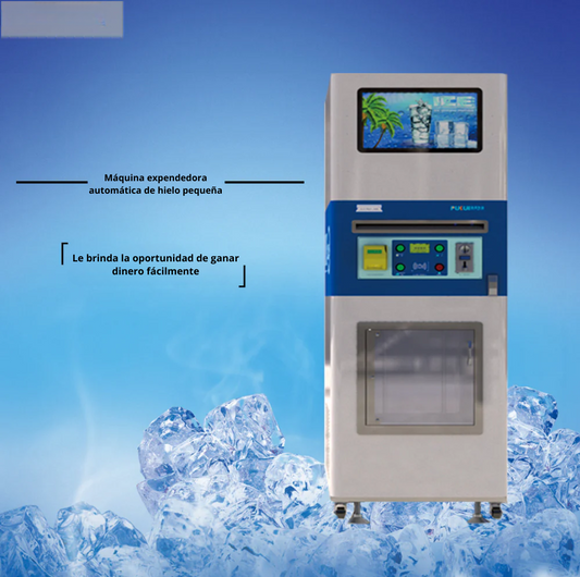 Maquina Expendedora de Hielo 140Kg con con dispensador de Bolsa SEMIautomático, filtro, Moneda, Tarjeta, Billetes y sistema de configuracion local