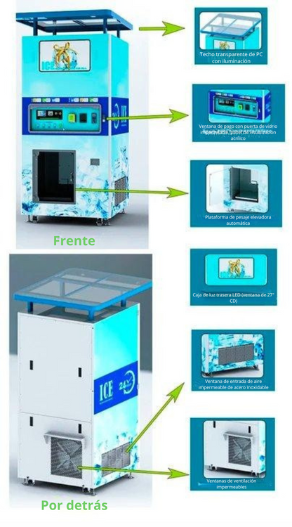 Maquina Expendedora de 180Kg/320Kg/450kg/900kg x dia de Hielo COMBO, con Filtro Osmosis Inversa,  dispensador y sellado AUTOMATICO de bolsas, aceptador de monedas, billetes, tarjeta de credito, cambiador de moneda, APP Config Remota y local, pantalla 26''