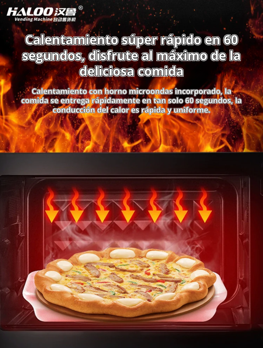 Máquina expendedora de pizza,  con refiregacion y calefacción automática inteligente las 24 horas y horneado comercial, acepta monedas, billetes y tarjetas