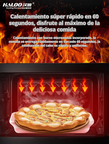 Máquina expendedora de pizza,  con refiregacion y calefacción automática inteligente las 24 horas y horneado comercial, acepta monedas, billetes y tarjetas