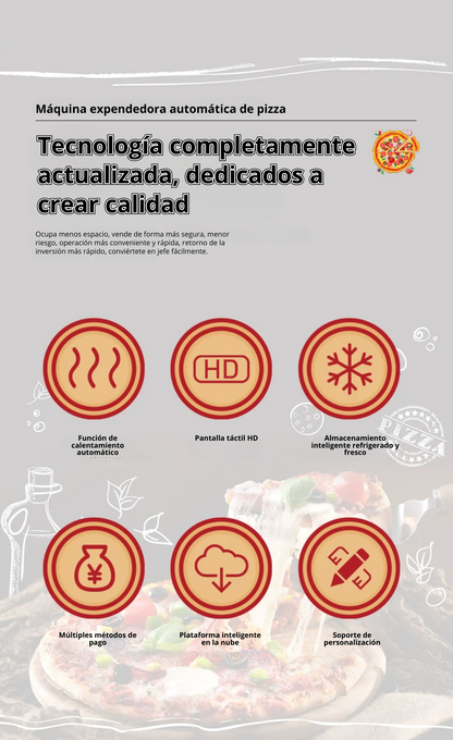 Máquina expendedora de pizza,  con refiregacion y calefacción automática inteligente las 24 horas y horneado comercial, acepta monedas, billetes y tarjetas