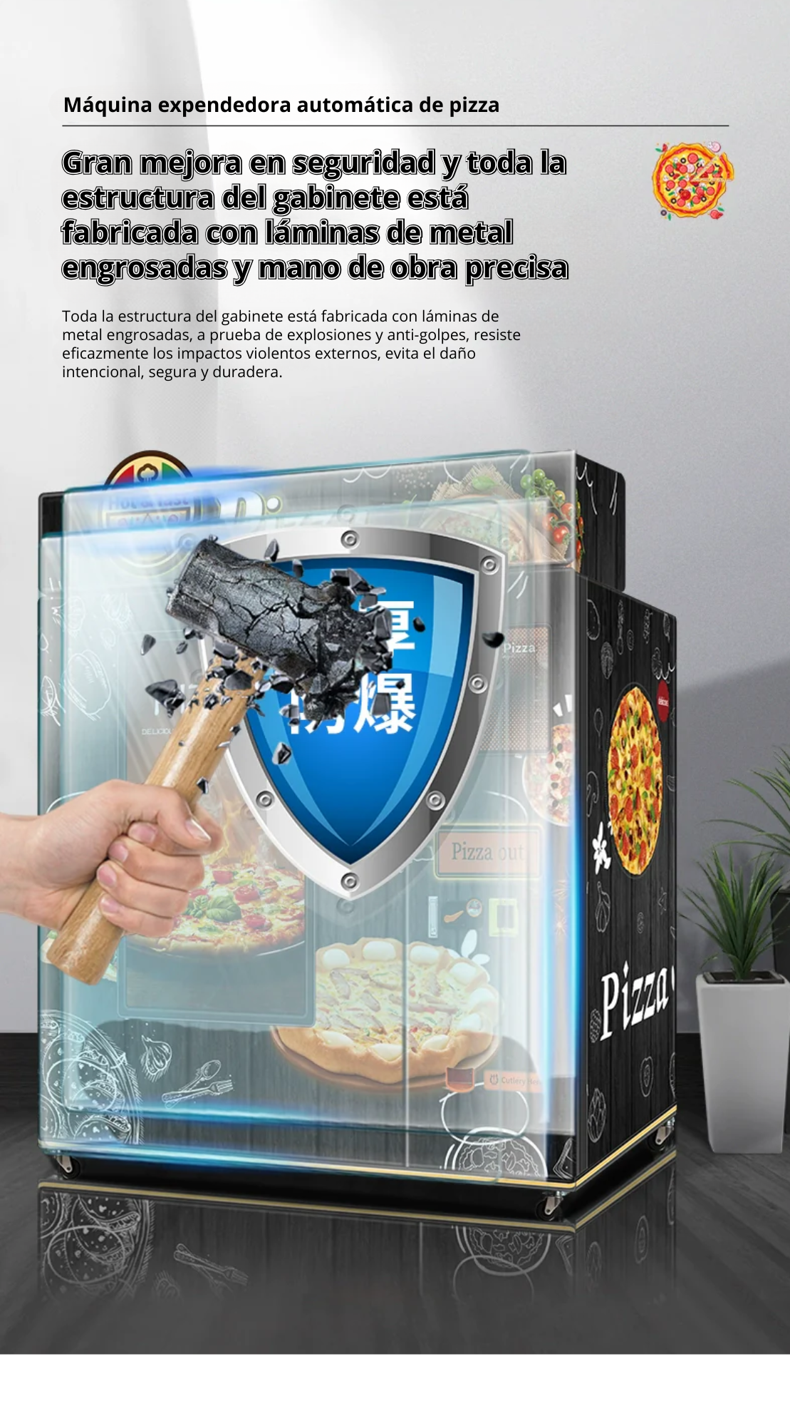 Máquina expendedora de pizza,  con refiregacion y calefacción automática inteligente las 24 horas y horneado comercial, acepta monedas, billetes y tarjetas