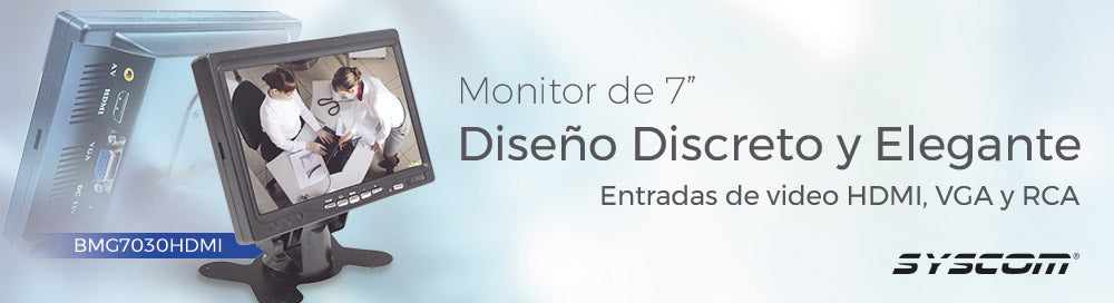 Monitor 7" TFT-LCD ideal para colocar en vehículos o DVR/NVR. Entradas de video HDMI, VGA y RCA (CVBS)