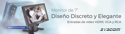 Monitor 7" TFT-LCD ideal para colocar en vehículos o DVR/NVR. Entradas de video HDMI, VGA y RCA (CVBS)