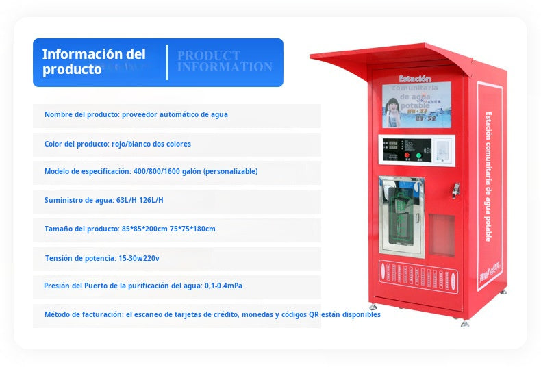 Máquina expendedora de agua con aceptador de monedas, de 400 y 800 Galones diarios.
