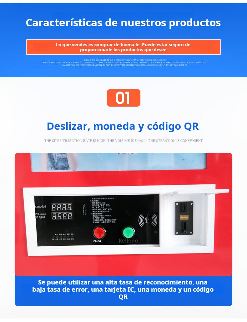 Máquina expendedora de agua con aceptador de monedas, de 400 y 800 Galones diarios.