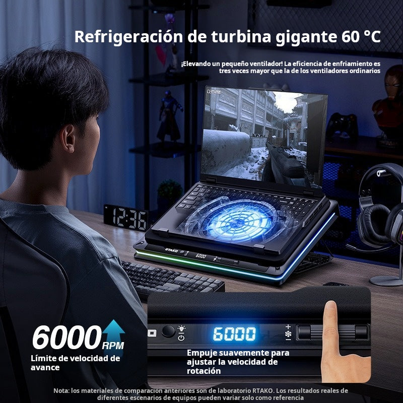 Base Enfriadora RTAKO 18CM Turbo Silent Fan para Laptop | 6000RPM, RGB, Soporte Ajustable, Ultra Silenciosa para Gaming Notebook