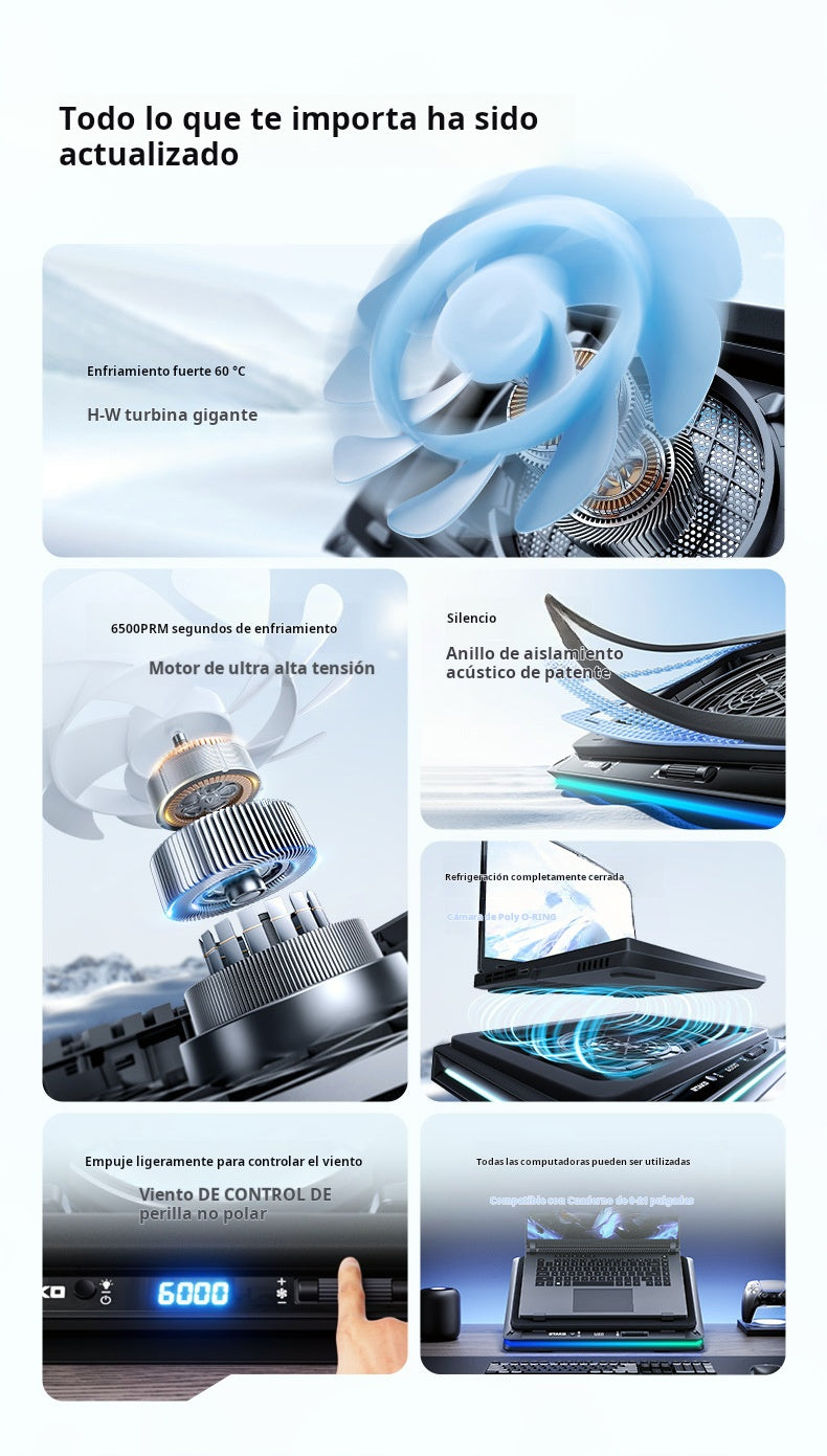 Base Enfriadora RTAKO 18CM Turbo Silent Fan para Laptop | 6000RPM, RGB, Soporte Ajustable, Ultra Silenciosa para Gaming Notebook