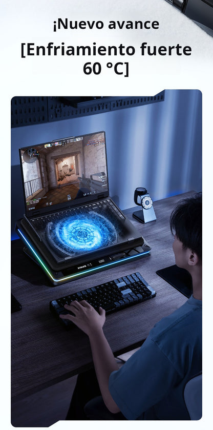 Base Enfriadora RTAKO 18CM Turbo Silent Fan para Laptop | 6000RPM, RGB, Soporte Ajustable, Ultra Silenciosa para Gaming Notebook