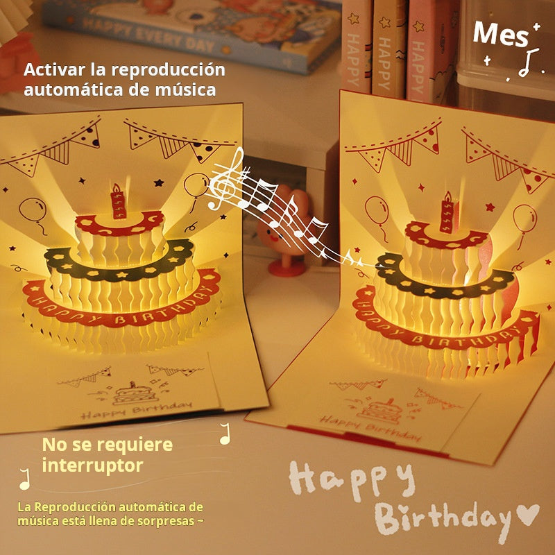 Tarjeta de Cumpleaños 3D Musical con Luz LED y Pastel Pop-Up
