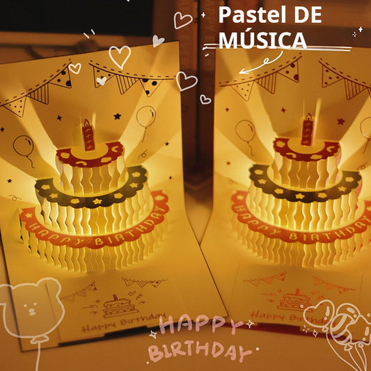 Tarjeta de Cumpleaños 3D Musical con Luz LED y Pastel Pop-Up