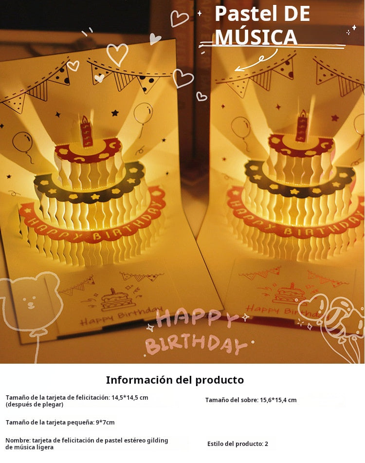 Tarjeta de Cumpleaños 3D Musical con Luz LED y Pastel Pop-Up