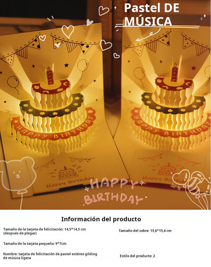 Tarjeta de Cumpleaños 3D Musical con Luz LED y Pastel Pop-Up