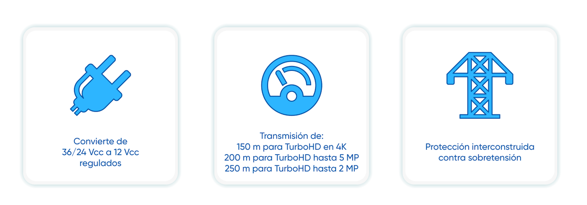 Kit de transceptores activos TURBO HD. Convierte 36/24 Vcc a 12 Vcc regulados, a través de cable UTP Cat5e / 6. Transmision de 200 m (Revisar tabla